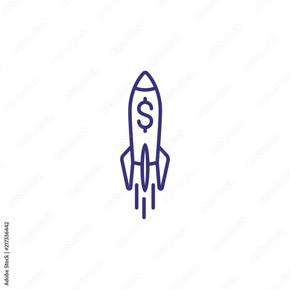 Business startup line icon. Rocket with dollar symbol. New project concept. Can be used for topics like strategy, investment, business plan Business startup line icon. Rocket with dollar symbol. New project concept. Can be used for topics like strategy, investment, business plan