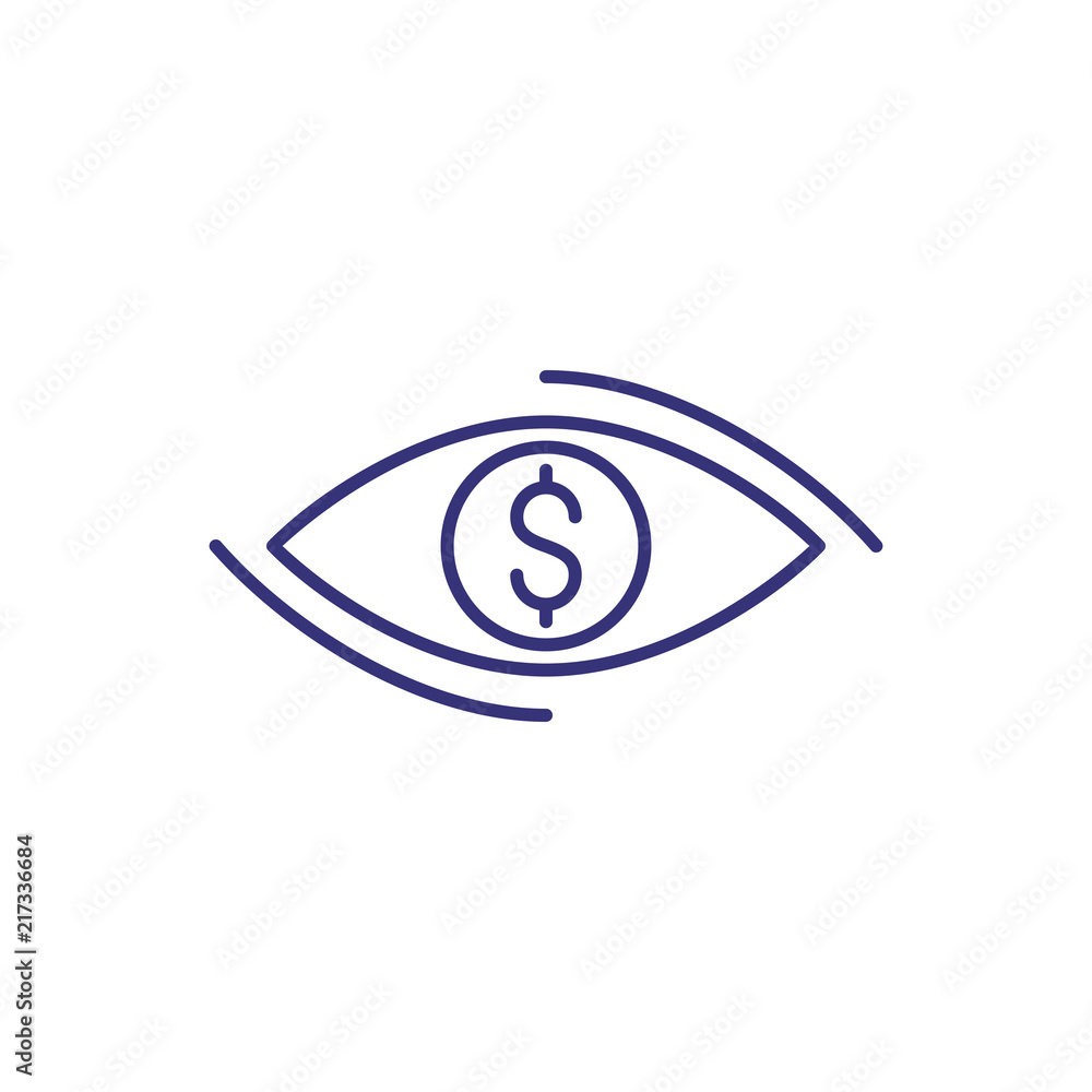 Financial vision line icon. Dollar sign in eye. Finance management concept. Can be used for topics like business, investment, analytics, planning Financial vision line icon. Dollar sign in eye. Finance management concept. Can be used for topics like business, investment, analytics, planning