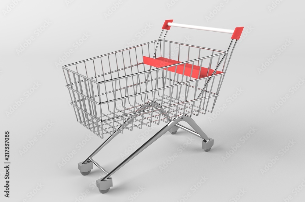 Empty metal shopping cart on gray background. 3d rendering. Business concept Empty metal shopping cart on gray background. 3d rendering. Business concept
