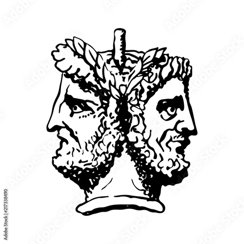 Two-faced Janus. Two male heads in profile, connected by the nape. Stylization of the ancient Roman style. Graphical design. Illustration. photo