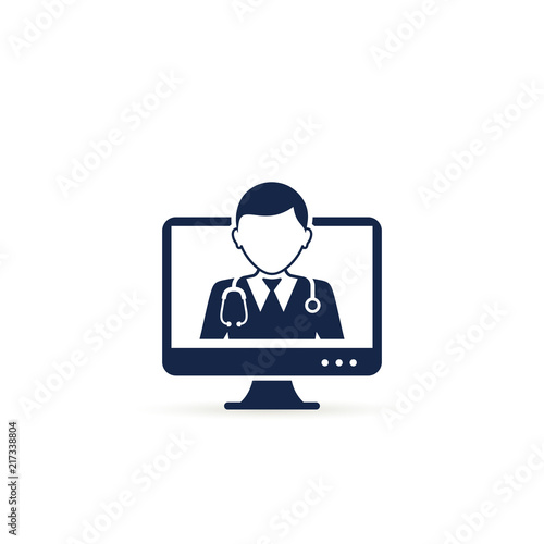 Online doctor in computer screen icon, vector illustration. Medical online consultation for website or app