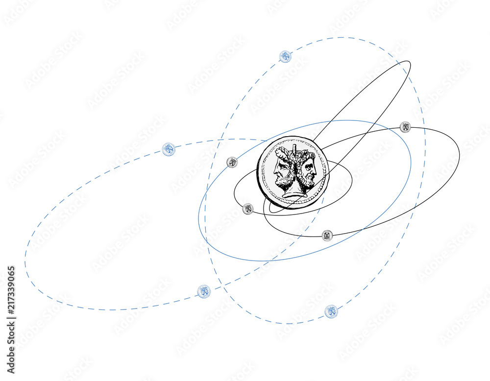 Fototapeta premium Quantum mechanics. The corpuscular-wave duality of elementary particles. Humorous illustration. Mad orbits of electrons.