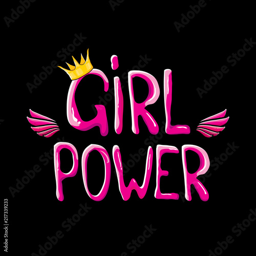 vector girl power label or cute sticker with calligraphic text isolated on black background. woman feminism concept illustration or poster with slogan.
