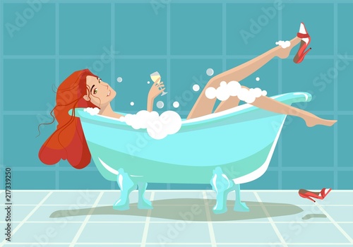 Woman relaxing in bathtub. Bath with foam isolated on background. Spa in bathroom interior. Vector illustration. Flat style design.