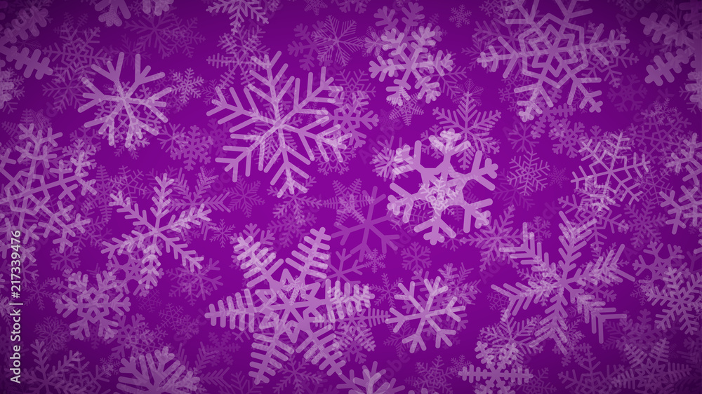 Christmas background of many layers of snowflakes of different shapes, sizes and transparency. White on purple.