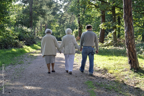 drei senioren gehen im wald hand-in-hand spazieren