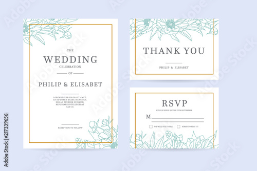 Set of Vintage Wedding Invitation template with peonies