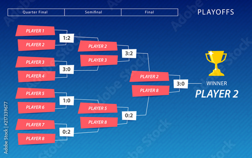 Decoration of playoffs schedule template on blue background. Creative Design Tournament Bracket.
