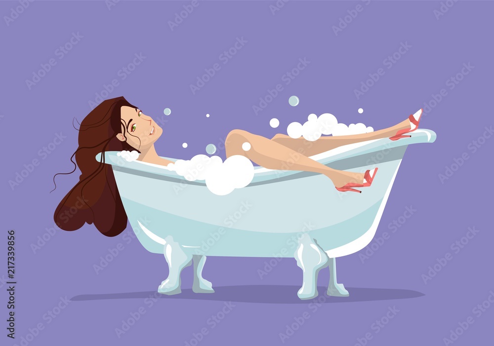 Woman relaxing in bathtub. Bath with foam isolated on background. Spa in bathroom interior. Vector illustration. Flat style design. Woman relaxing in bathtub. Bath with foam isolated on background. Spa in bathroom interior. Vector illustration. Flat style design.
