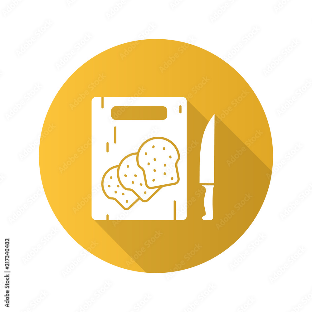 Wooden cutting board with sliced bread flat design long shadow g