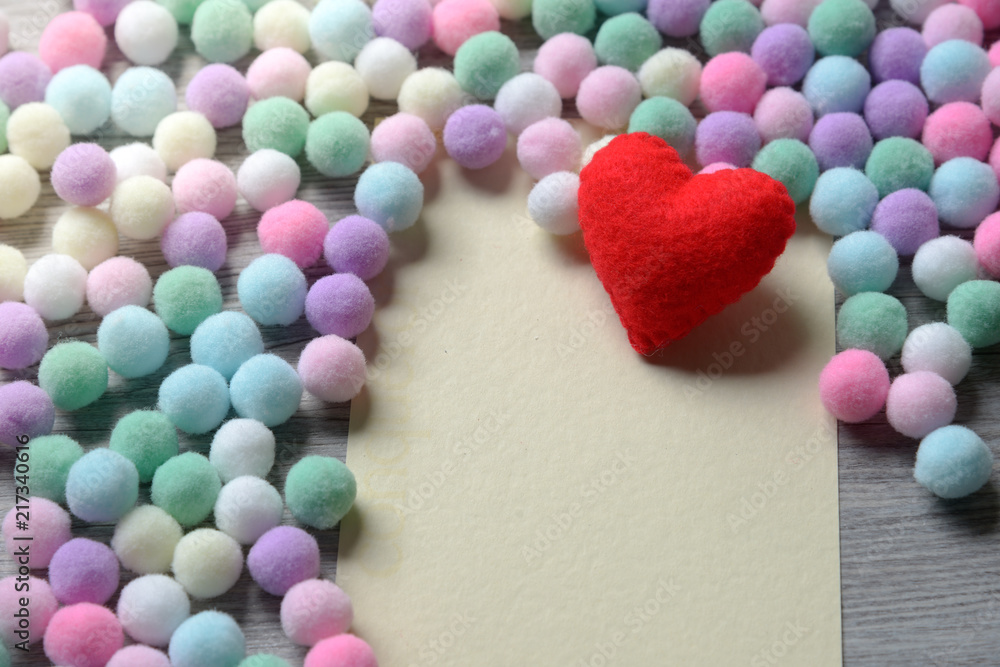 Red Heart with colorful pom pom background, Valentine concept