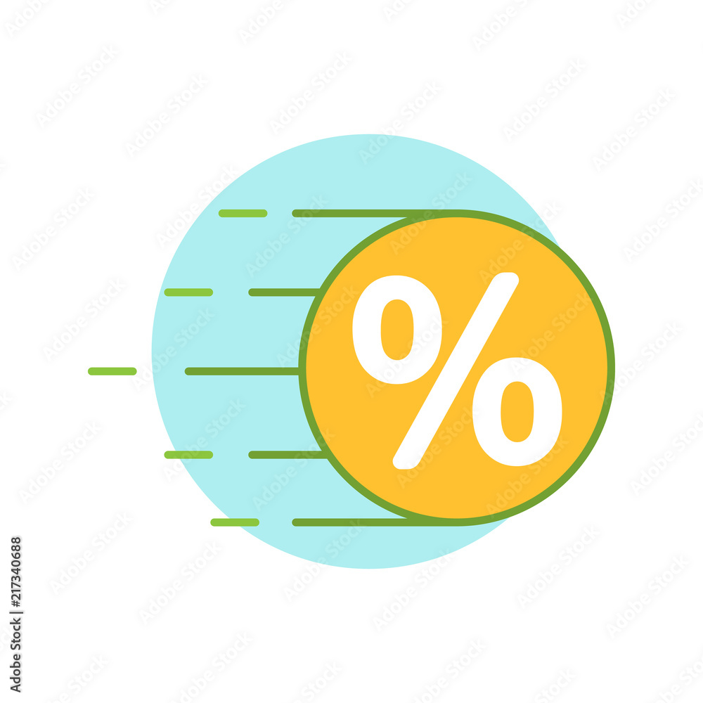 Flying coin with percent color icon Flying coin with percent color icon