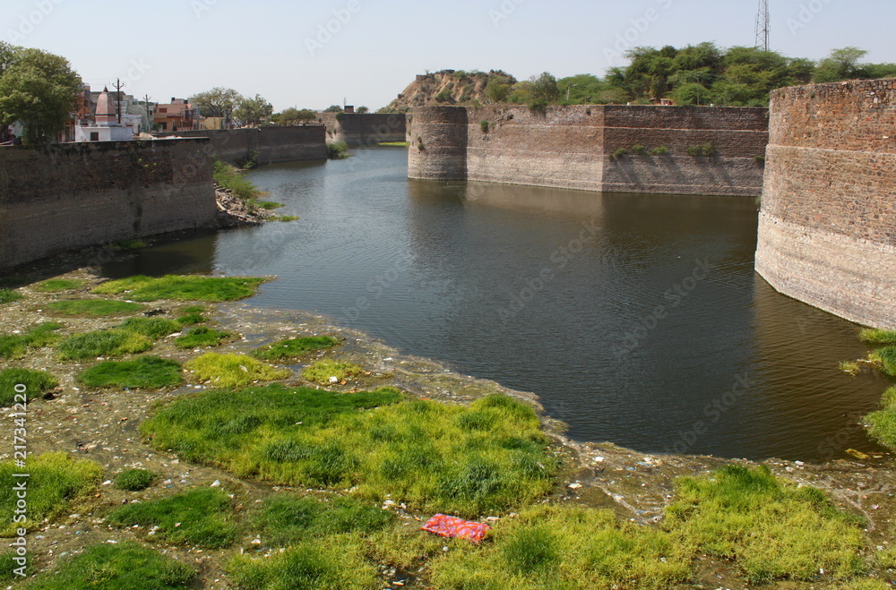 Bharatpur Fort and dirty moat in Rajasthan, India