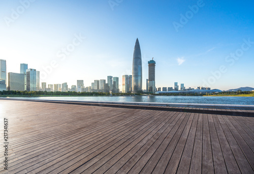 Photography empty square with city skyline