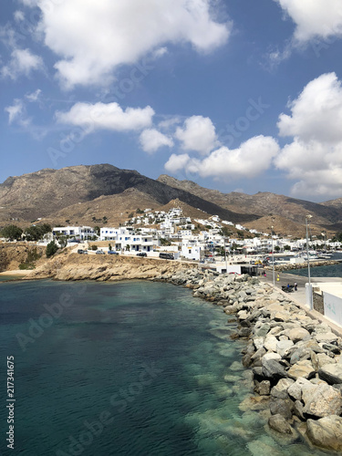 The port of Livadi with white houses  in Serifos island in Greece.