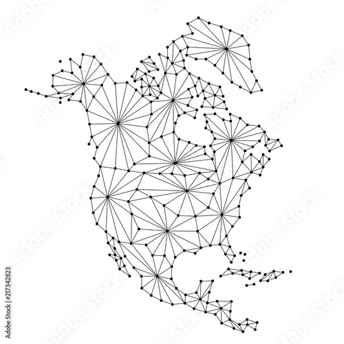 North America map of polygonal futuristic mosaic lines network  rays and dots vector illustration.