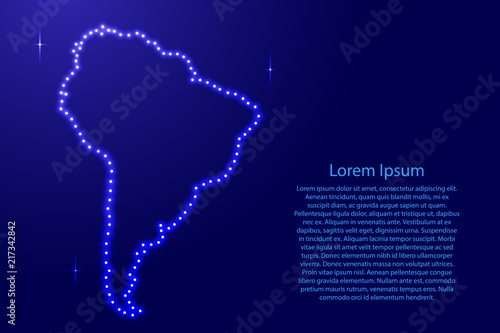 South America map from luminous blue star space points on the contour for banner, poster, greeting card. Vector illustration.