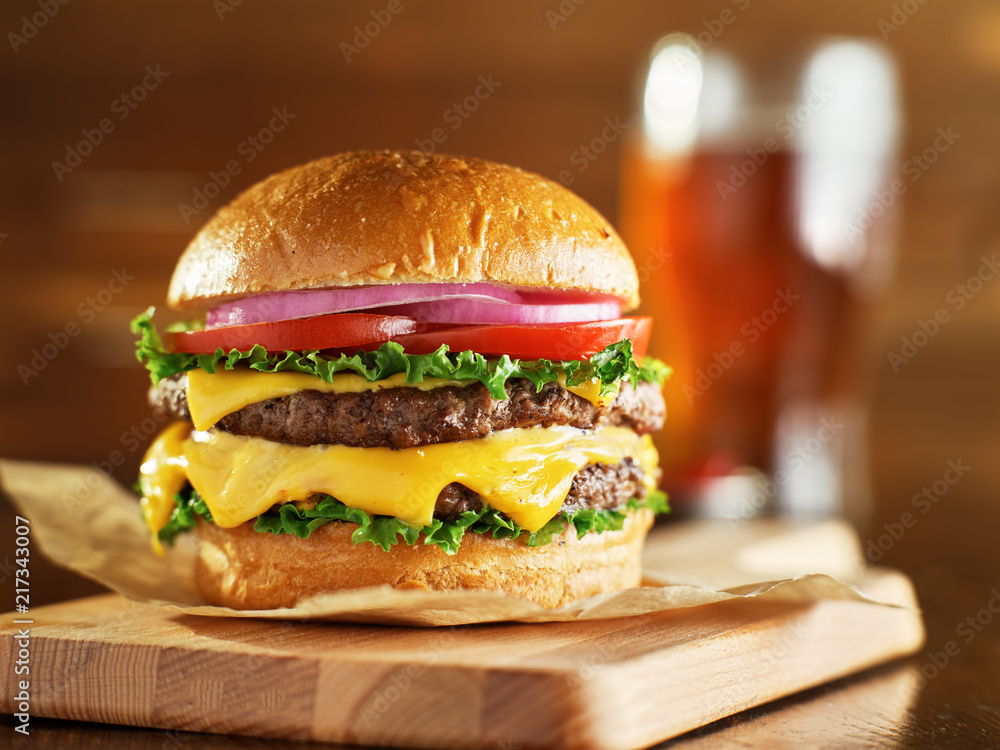 double cheese burger with beer - obrazy, fototapety, plakaty 