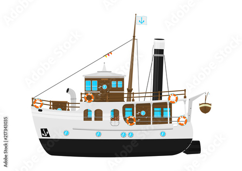 Ship. Cartoon vintage steam yacht with a chimney. Side view. Flat vector.