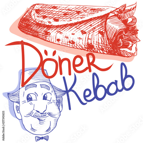 Doner Kebab pencil drawn vector illustration: turkish chef with fez on and doner kebab.