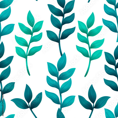 Seamless pattern with turquoise and green tropical leaves. Fashion, interior, wrapping, packaging and wallpapers suitable. 3d style trendy leaves. Vector illustration.