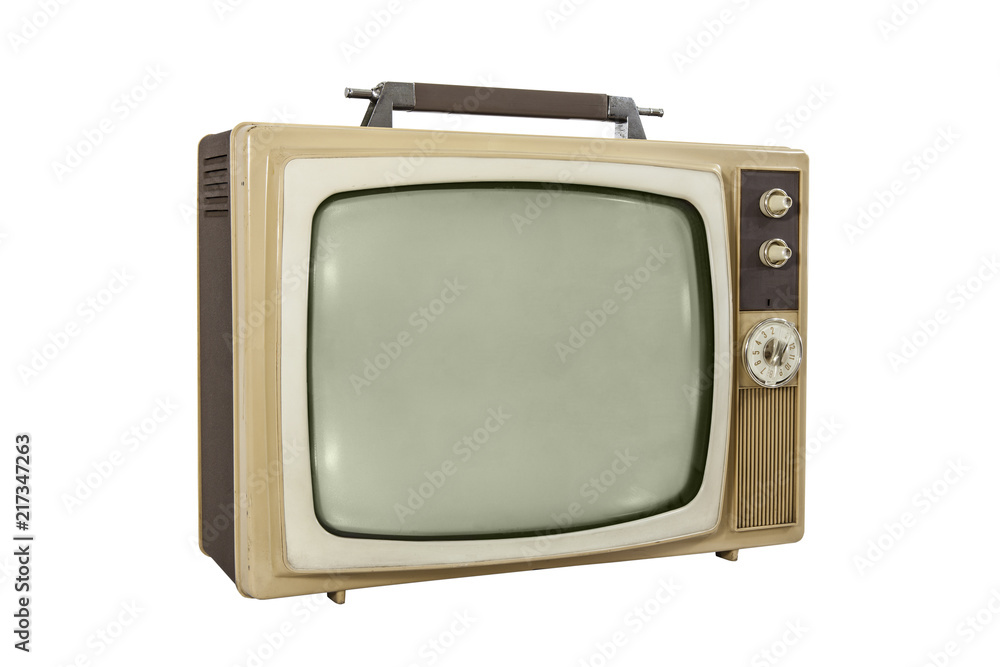Vintage portable television isolated on white with off screen. 