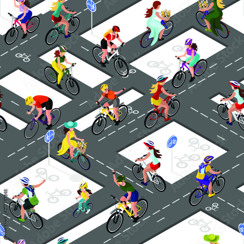 Seamless pattern of cyclists. A woman on a bicycle, a man on a bicycle, a child on a bicycle. Isometric 3d