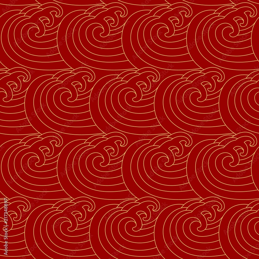 Chinese seamless pattern. Sea waves. Golden curls on a red background.