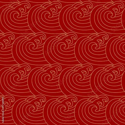 Chinese seamless pattern. Sea waves. Golden curls on a red background.