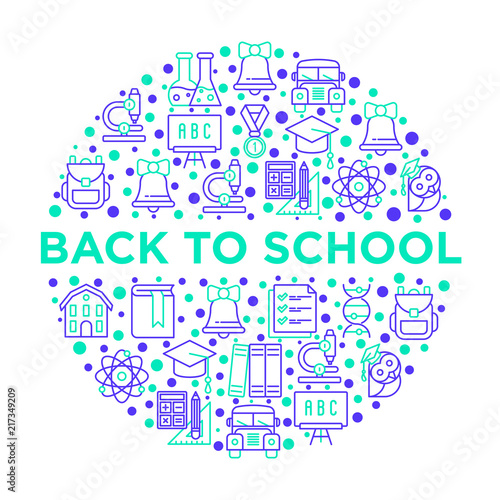 Back to school concept in circle with thin line icons: backpack, bell, book, microscope, knowledge, owl, chemistry, mathematics, biology, blackboard, physics, exam. Vector illustration.
