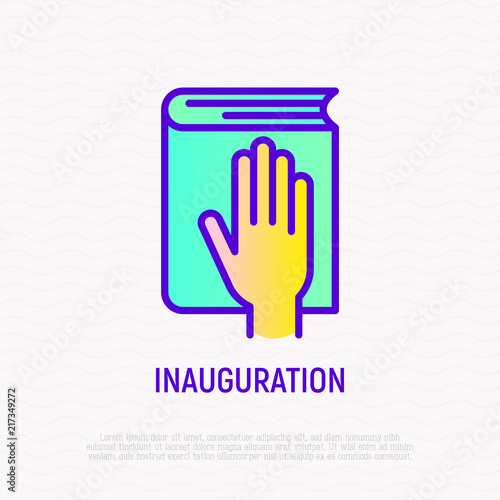 Hand on constitution thin line icon, oath on inauguration. Modern vector illustration.