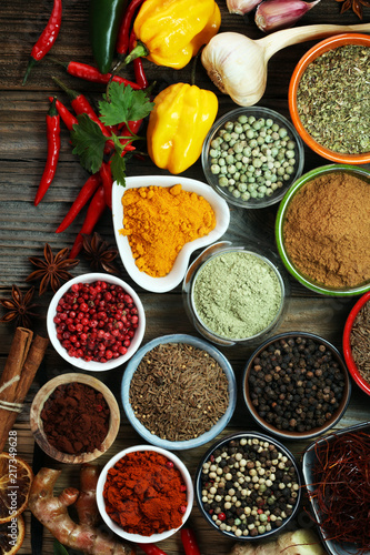 Spices and herbs on table. Food and cuisine ingredients.