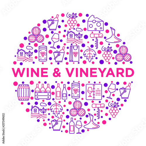 Wine concept in circle with thin line icons: corkscrew, wine glass, cork, grapes, barrel, list, decanter, cheese, vineyard, bucket, shop, delivery. Modern vector illustration, print media template.