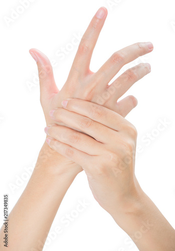 woman holding her back hand side and massaging in pain area, Isolated on white background.