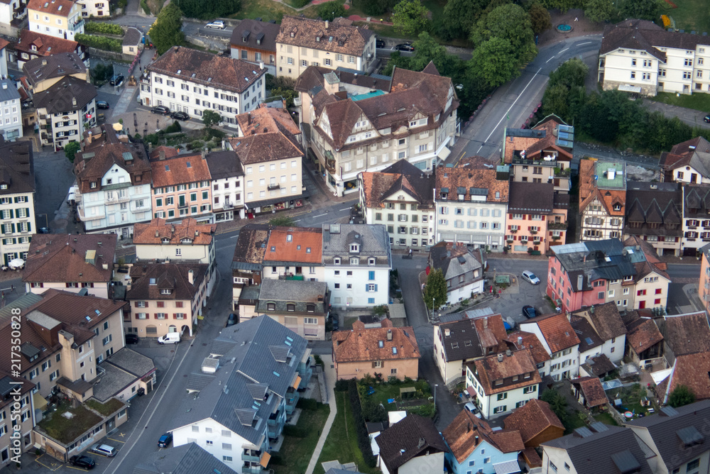 A view of the village of Bad Ragaz in the Swiss Alps from high above