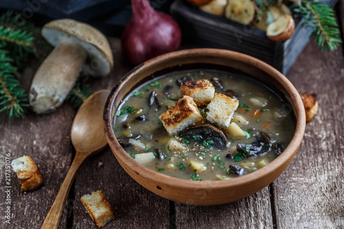 Mushroom soup in ceramic bowl with a copper pan and mushroom in background, dark photo. photo