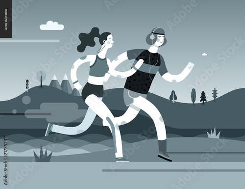 Runners - runners in the park - flat vector concept illustration of young man and woman with headphones, sporting equipment. Healthy activity. Park, trees, hills and a lake landscape, black and white