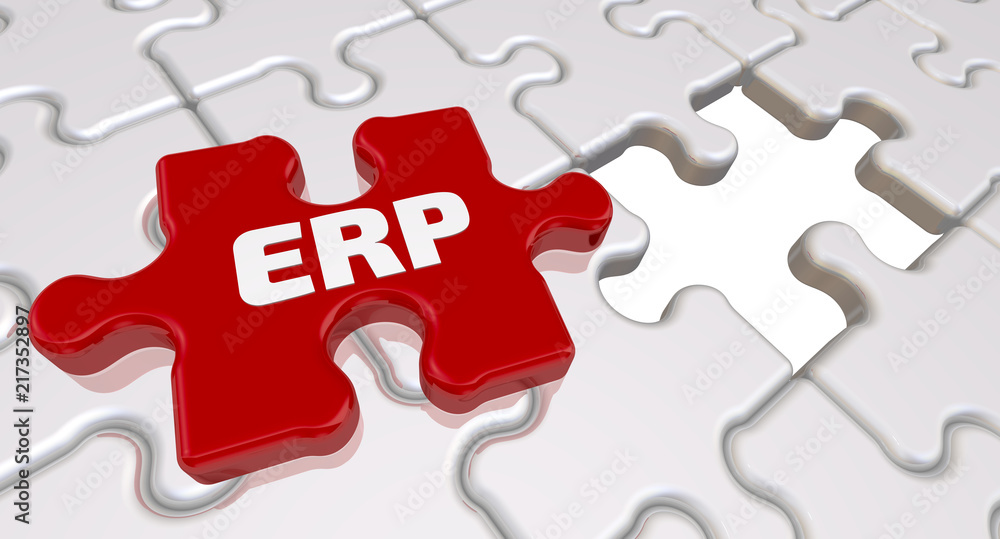 ERP. The inscription on the missing element of the puzzle. Folded white puzzles elements and one red with text ERP - Enterprise Resource Planning. 3D Illustration ERP. The inscription on the missing element of the puzzle. Folded white puzzles elements and one red with text ERP - Enterprise Resource Planning. 3D Illustration