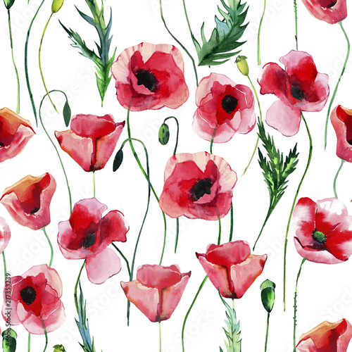 Bright beautiful wonderful summer autumn herbal floral red poppies flowers with green leaves pattern watercolor