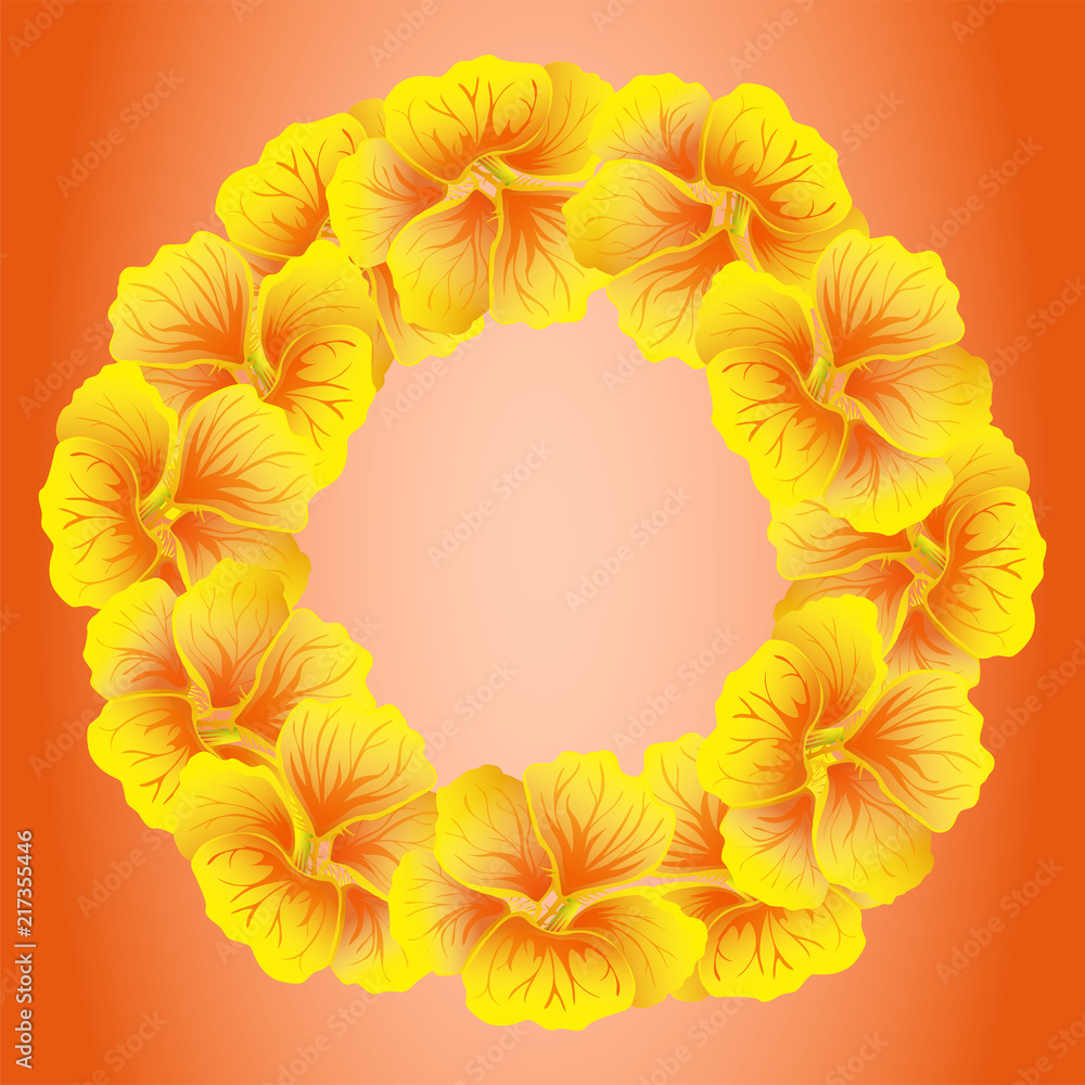 Obraz premium Bright Nasturtium wreath. Wild Yellow flowers. Beautiful&nbsp;Floral circle isolated on red background. Vector illustration. Card template for greeting, invitation and other design.&nbsp;Decorative round frame.