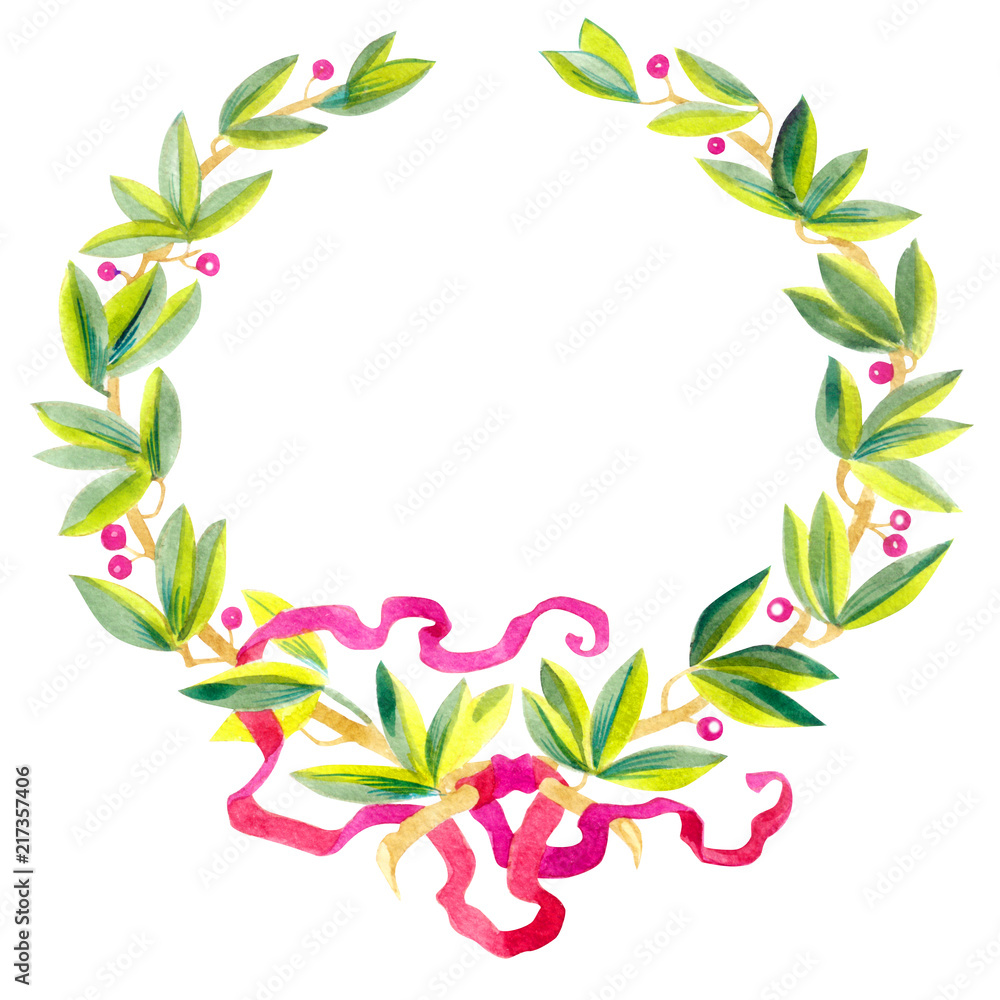 Laurel wreath with berries, watercolor