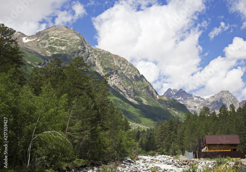 Pastoral view on mountains in valley near Elbrus