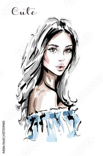 Hand drawn beautiful young woman portrait. Stylish elegant girl. Fashion woman face. Sketch.