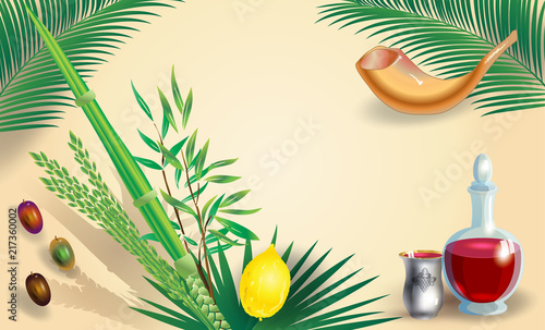 Sukkot Festival greeting card four species Sukkoth Lulav, etrog, shofar, palm tree leaves frame. Jewish Holiday Rosh Hashana, Shana Tova, Sukkot, Israel Jerusalem