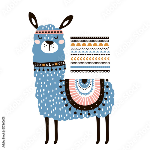 Cute cartoon llama with in tribal style. Childish print for nursery, kids apparel,poster, postcard. Vector Illustration