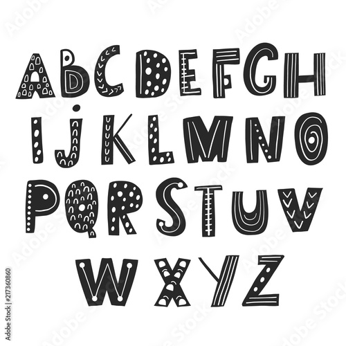 Abstract stylish alphabet in scandinavian style. Creative Kids font. Great for education, home decor. It Be used for funny t-shirt quotes,poster,cards and kids fashion prints. Vector Illustration