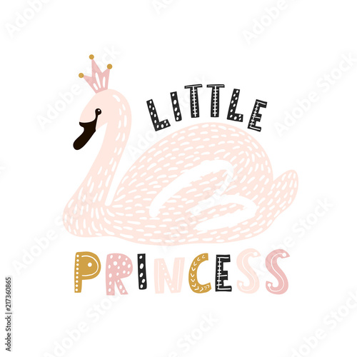Cute princess swan print. Pink swan with crown. Great for kids apparel, nursery decoration. Vector Illustration