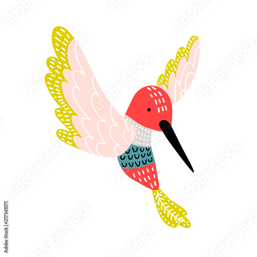 Creative hummingbird print. Cartoon vector illustration in scandinavian style