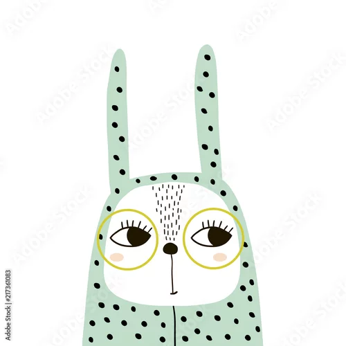 Naklejka na ścianę Śliczna królik dziewczyna w romper i szkłach. Dziecięcy nadruk na koszulki, ubrania, karty, plakat, dekoracje przedszkola. Ilustracja wektorowa