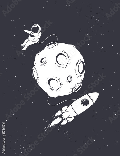 Lonely astronaut with spaceship circling around Moon.Vector illustration